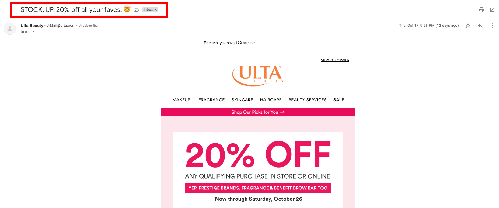 电子邮件主题行示例ulta